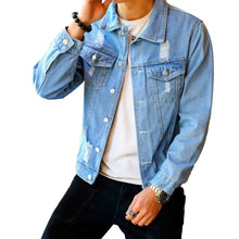 Load image into Gallery viewer, Men's Denim Jacket Hip Hop Retro Denim Jacket Street Casual Pilot Harajuku Fashion Hole Slim Buttoned Sky Blue Men's Jacket