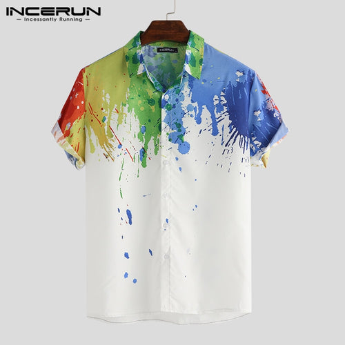 New Fashion Men Brand Shirt Splashed Ink Print Short Sleeve Lapel Neck Camisa Business Casual Shirts Men INCERUN Plus Size 2019