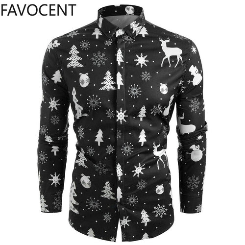 Christmas Shirt Men New Year Party Blouse Funny Shirt Deer Printed Long Sleeve Button Male Clothes Casual Snowflakes Christmas