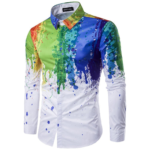 Colorful Splatter Paint Print Dress Shirt Men 2019 Brand New Slim Fit Long Sleeve Camisa Masculina Streetwear Casual Shirt Male