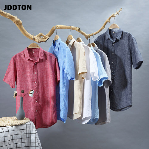 JDDTON New Mens Summer Cotton Linen Shirts Breathable Short Sleeve Casual Fashion Style Loose Solid Color Male Thin Shirts JE108